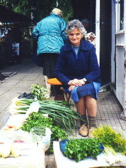 Market woman selling Magdanoz and dill, Samokov market, Bulgaria, July 2001